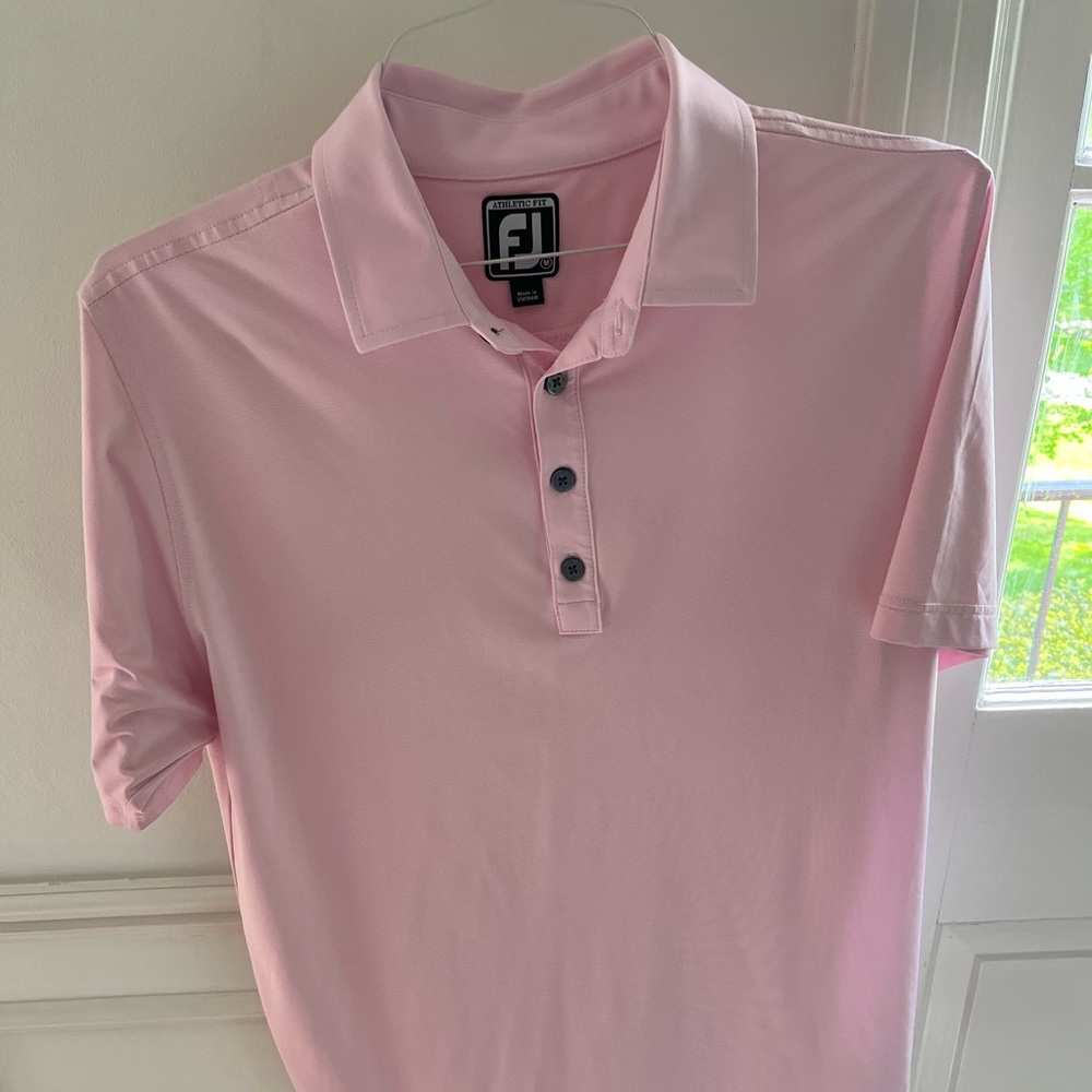 Footjoy Pink/white thin Striped Golf performance Polo Mens Medium Athletic Fit
